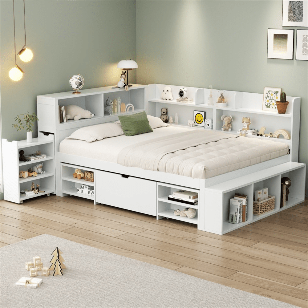 Kinderbett, 140*200 cm, Einzelbett, multifunktionales Kinderbett mit Schubladen, Bücherregal und Stauschrank, großer Stauraum, Lattenrost, ohne Matratze, weiß