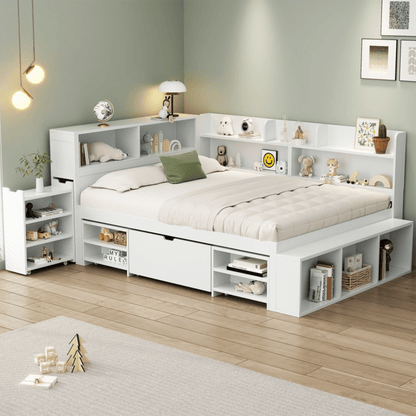 Kinderbett, 140*200 cm, Einzelbett, multifunktionales Kinderbett mit Schubladen, Bücherregal und Stauschrank, großer Stauraum, Lattenrost, ohne Matratze, weiß