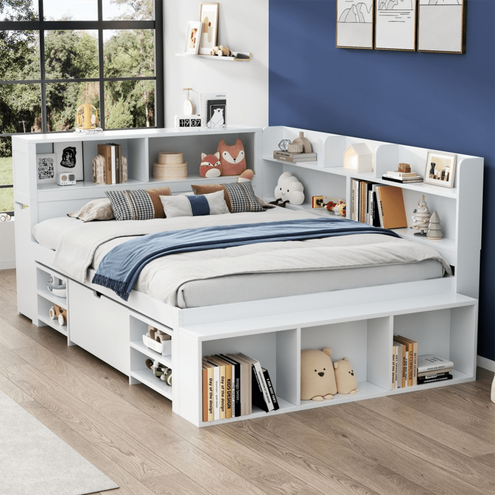 Kinderbett, 140*200 cm, Einzelbett, multifunktionales Kinderbett mit Schubladen, Bücherregal und Stauschrank, großer Stauraum, Lattenrost, ohne Matratze, weiß