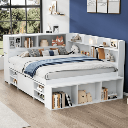 Kinderbett, 140*200 cm, Einzelbett, multifunktionales Kinderbett mit Schubladen, Bücherregal und Stauschrank, großer Stauraum, Lattenrost, ohne Matratze, weiß