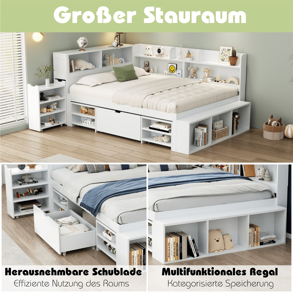 Kinderbett, 140*200 cm, Einzelbett, multifunktionales Kinderbett mit Schubladen, Bücherregal und Stauschrank, großer Stauraum, Lattenrost, ohne Matratze, weiß