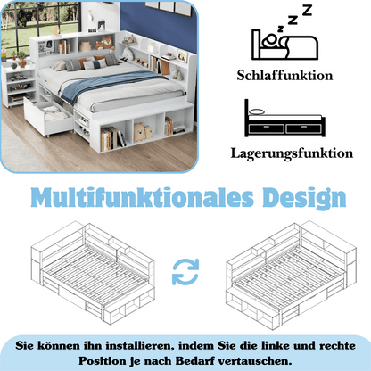 Kinderbett, 140*200 cm, Einzelbett, multifunktionales Kinderbett mit Schubladen, Bücherregal und Stauschrank, großer Stauraum, Lattenrost, ohne Matratze, weiß