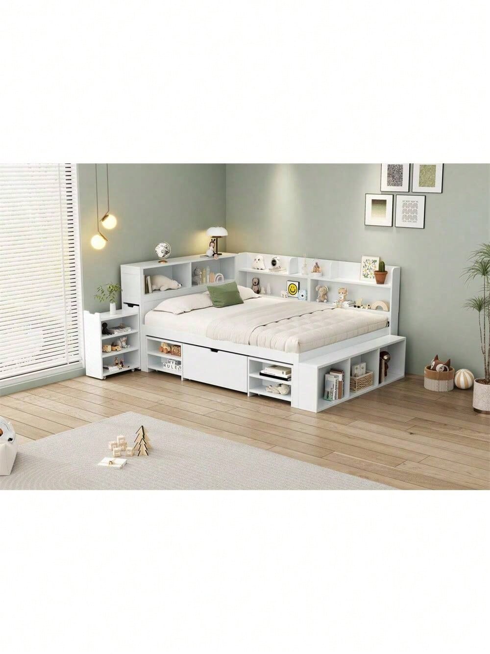 Kinderbett, 140*200 cm, Einzelbett, multifunktionales Kinderbett mit Schubladen, Bücherregal und Stauschrank, großer Stauraum, Lattenrost, ohne Matratze, weiß