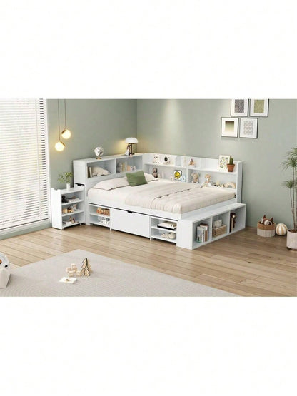 Kinderbett, 140*200 cm, Einzelbett, multifunktionales Kinderbett mit Schubladen, Bücherregal und Stauschrank, großer Stauraum, Lattenrost, ohne Matratze, weiß