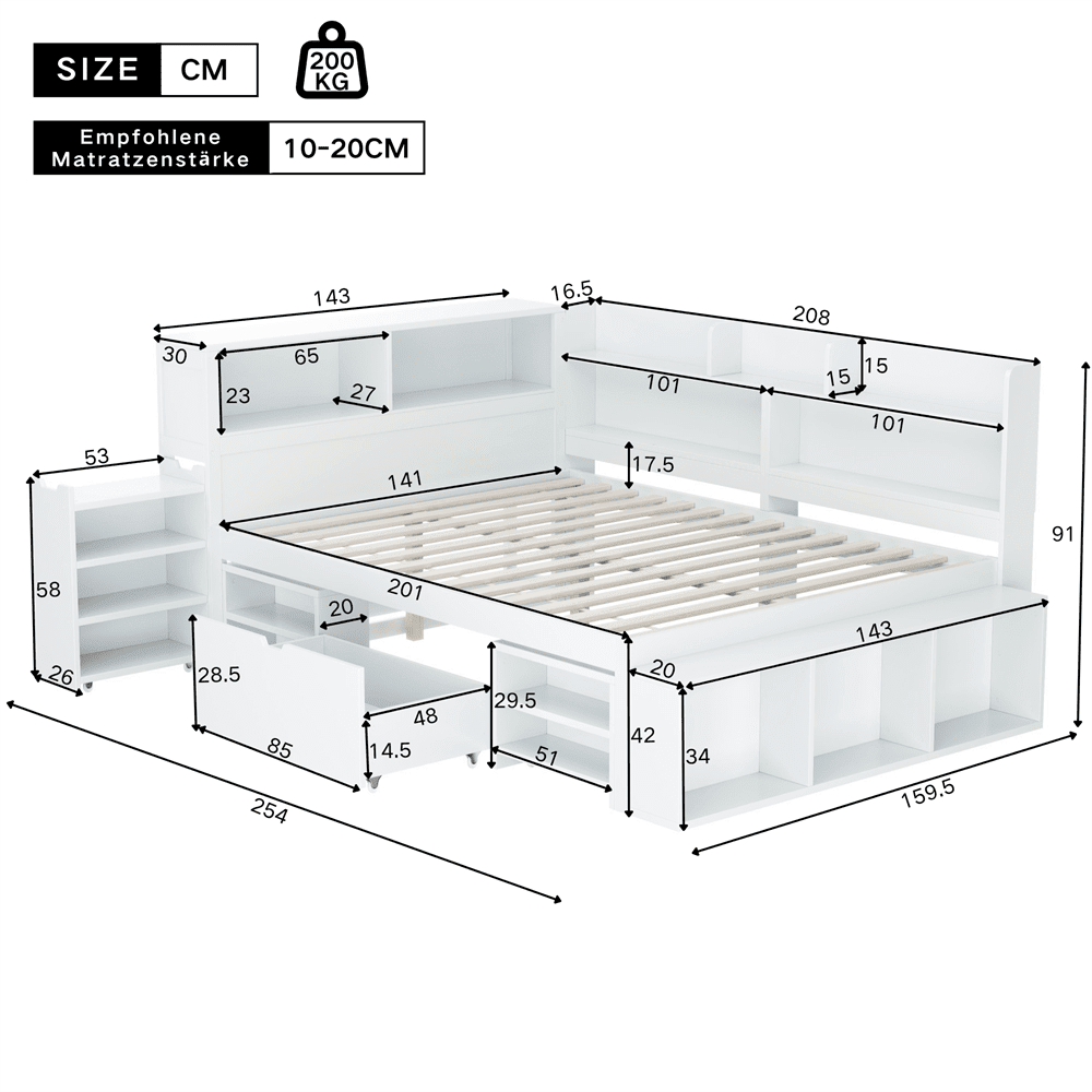 Kinderbett, 140*200 cm, Einzelbett, multifunktionales Kinderbett mit Schubladen, Bücherregal und Stauschrank, großer Stauraum, Lattenrost, ohne Matratze, weiß