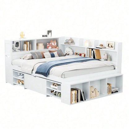 Kinderbett, 140*200 cm, Einzelbett, multifunktionales Kinderbett mit Schubladen, Bücherregal und Stauschrank, großer Stauraum, Lattenrost, ohne Matratze, weiß