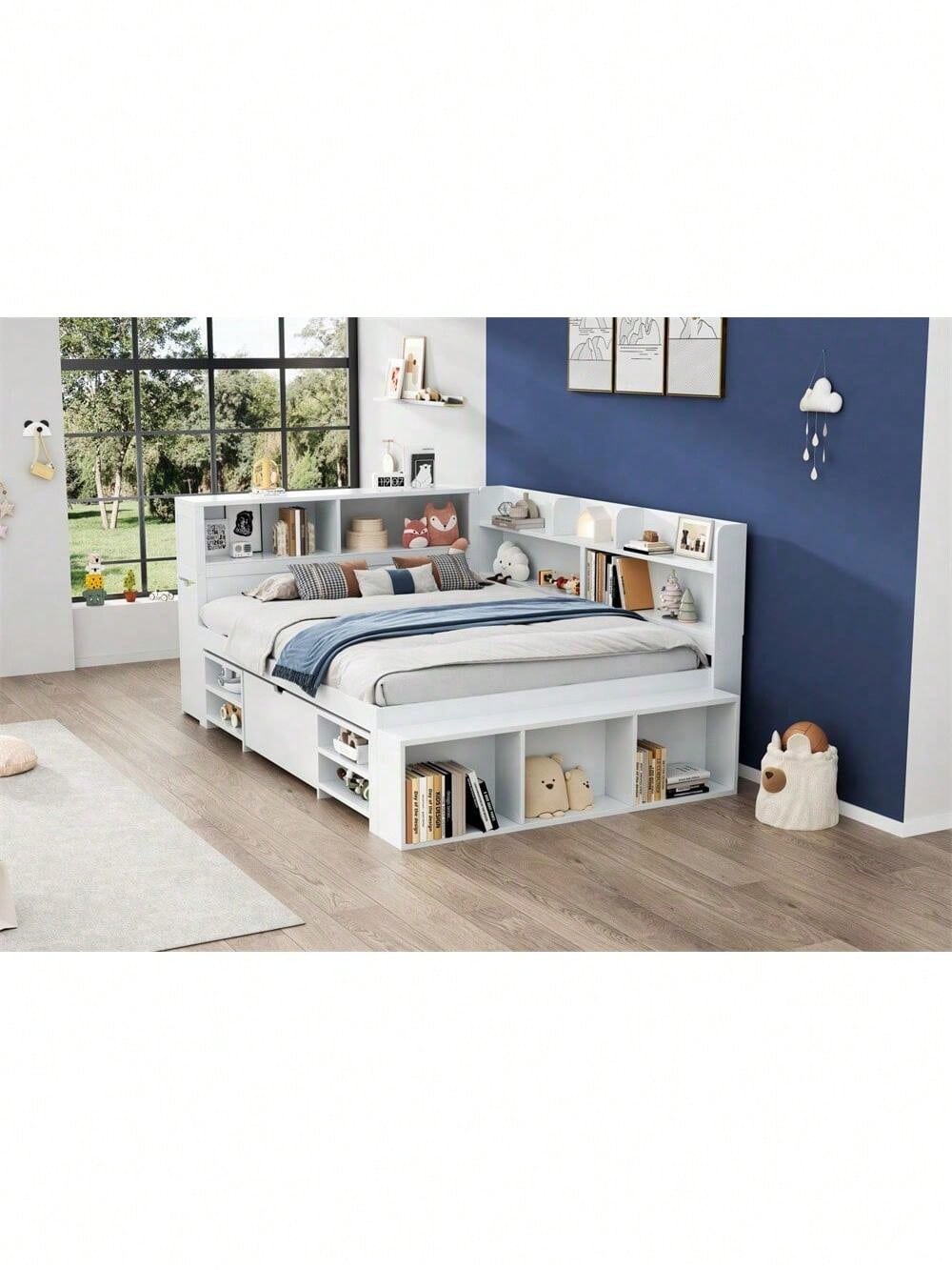 Kinderbett, 140*200 cm, Einzelbett, multifunktionales Kinderbett mit Schubladen, Bücherregal und Stauschrank, großer Stauraum, Lattenrost, ohne Matratze, weiß