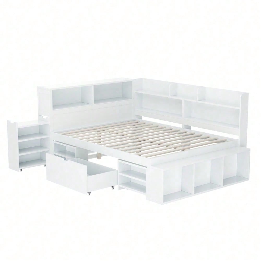 Kinderbett, 140*200 cm, Einzelbett, multifunktionales Kinderbett mit Schubladen, Bücherregal und Stauschrank, großer Stauraum, Lattenrost, ohne Matratze, weiß