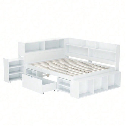 Kinderbett, 140*200 cm, Einzelbett, multifunktionales Kinderbett mit Schubladen, Bücherregal und Stauschrank, großer Stauraum, Lattenrost, ohne Matratze, weiß