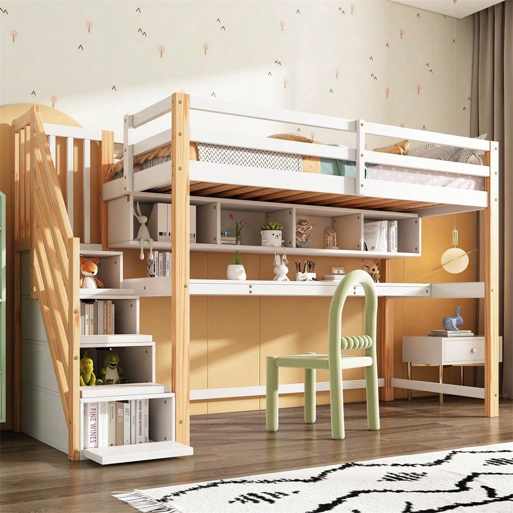 Kinderhochbett [old sku30606012AAN]Kinderbett mit großen Schreibtisch und Regalen, Farben,natürlich und weiß
