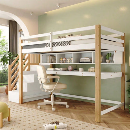 Kinderhochbett [old sku30606012AAN]Kinderbett mit großen Schreibtisch und Regalen, Farben,natürlich und weiß
