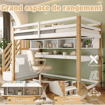 Kinderhochbett [old sku30606012AAN]Kinderbett mit großen Schreibtisch und Regalen, Farben,natürlich und weiß