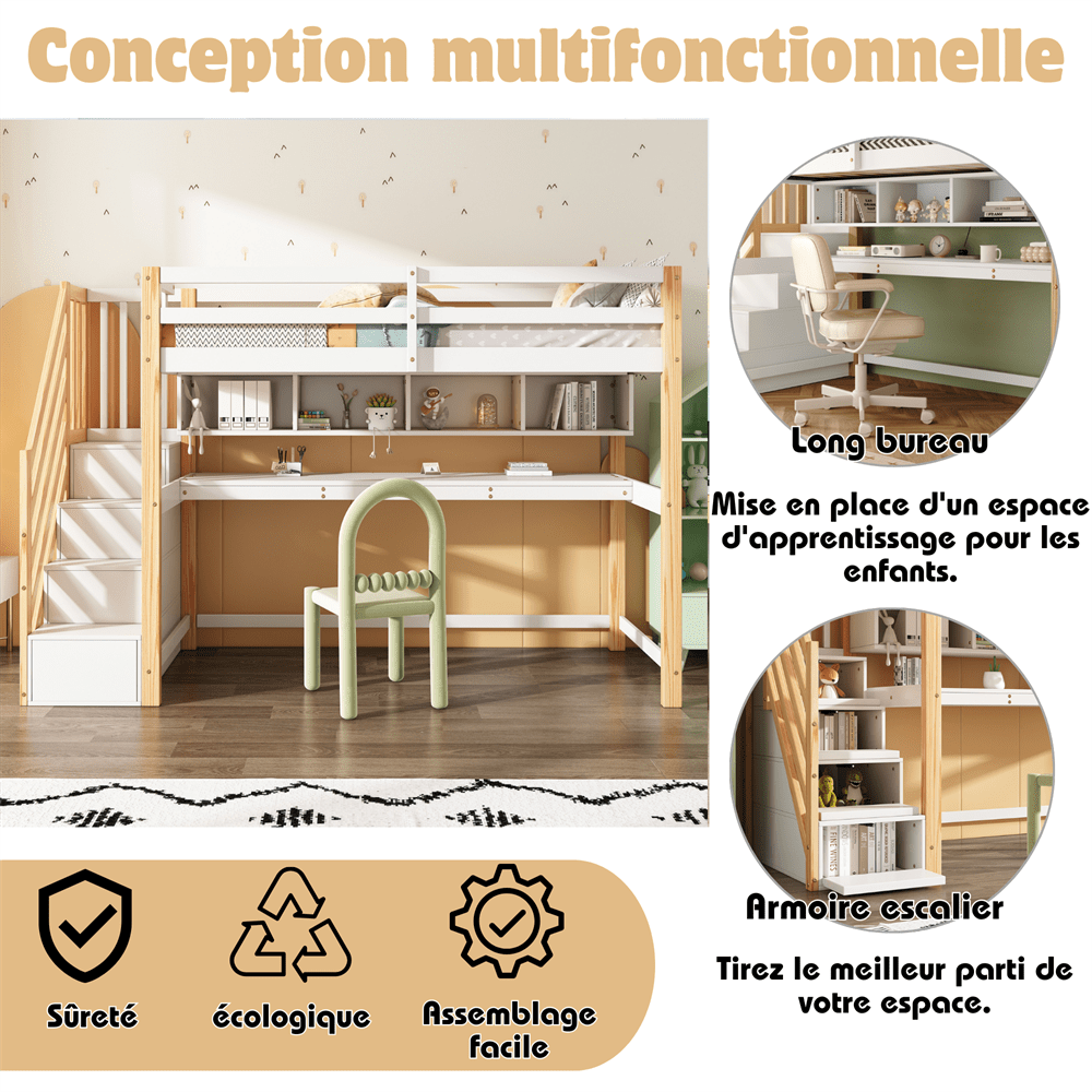 Kinderhochbett [old sku30606012AAN]Kinderbett mit großen Schreibtisch und Regalen, Farben,natürlich und weiß