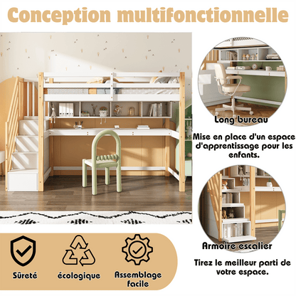 Kinderhochbett [old sku30606012AAN]Kinderbett mit großen Schreibtisch und Regalen, Farben,natürlich und weiß