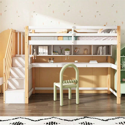Kinderhochbett [old sku30606012AAN]Kinderbett mit großen Schreibtisch und Regalen, Farben,natürlich und weiß