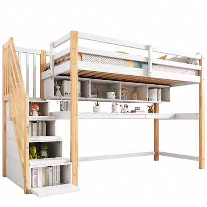 Kinderhochbett [old sku30606012AAN]Kinderbett mit großen Schreibtisch und Regalen, Farben,natürlich und weiß
