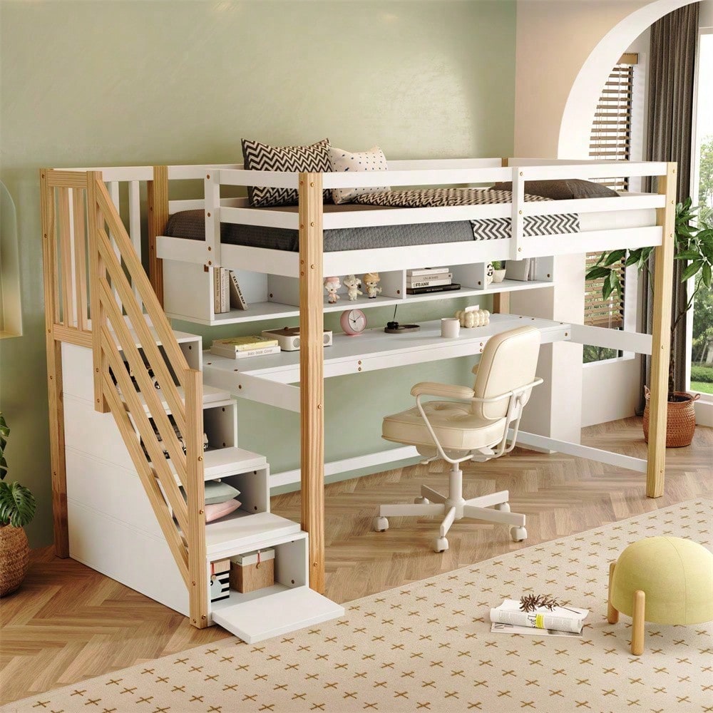 Kinderhochbett [old sku30606012AAN]Kinderbett mit großen Schreibtisch und Regalen, Farben,natürlich und weiß
