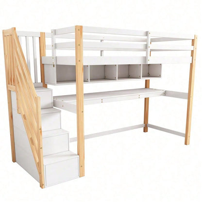 Kinderhochbett [old sku30606012AAN]Kinderbett mit großen Schreibtisch und Regalen, Farben,natürlich und weiß