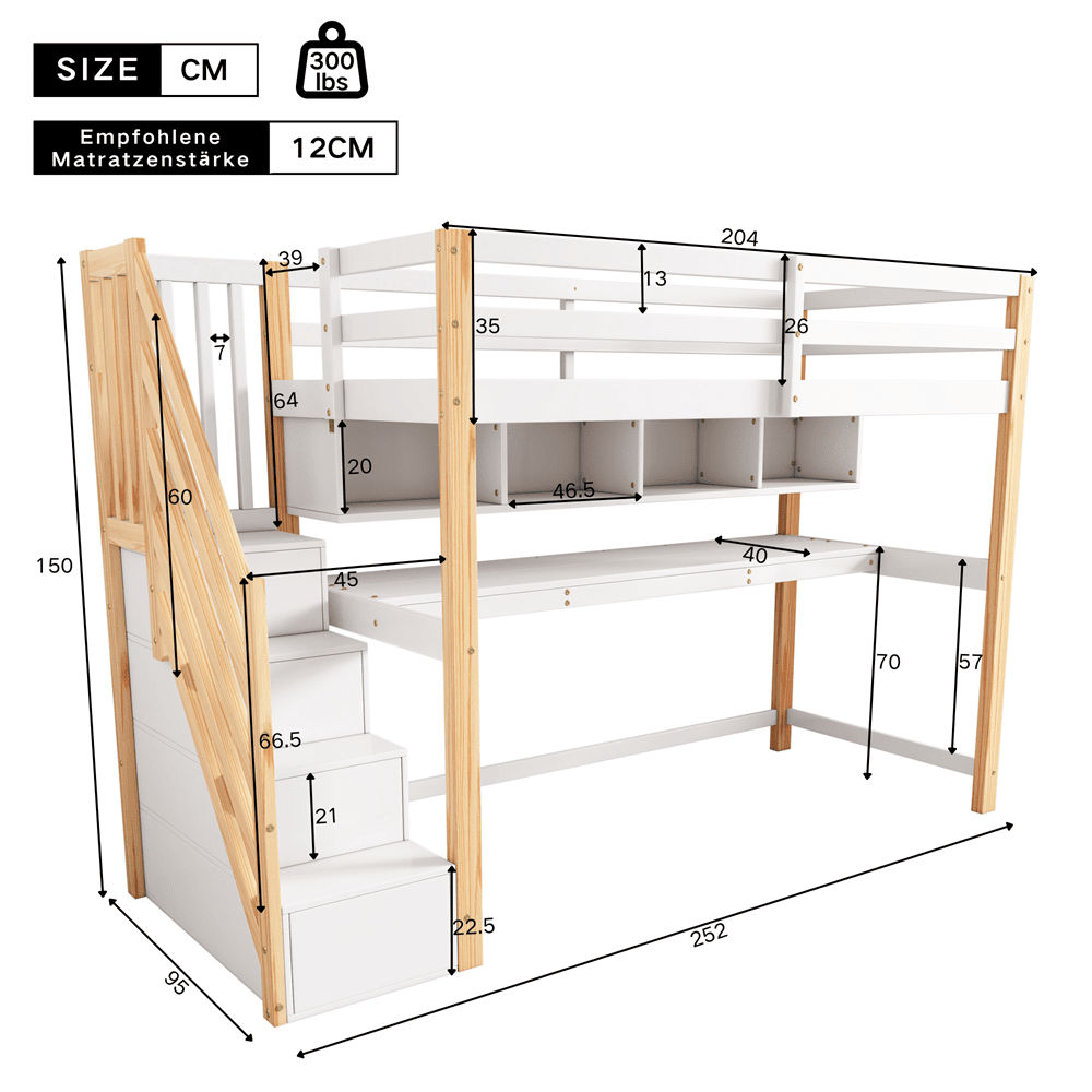 Kinderhochbett [old sku30606012AAN]Kinderbett mit großen Schreibtisch und Regalen, Farben,natürlich und weiß