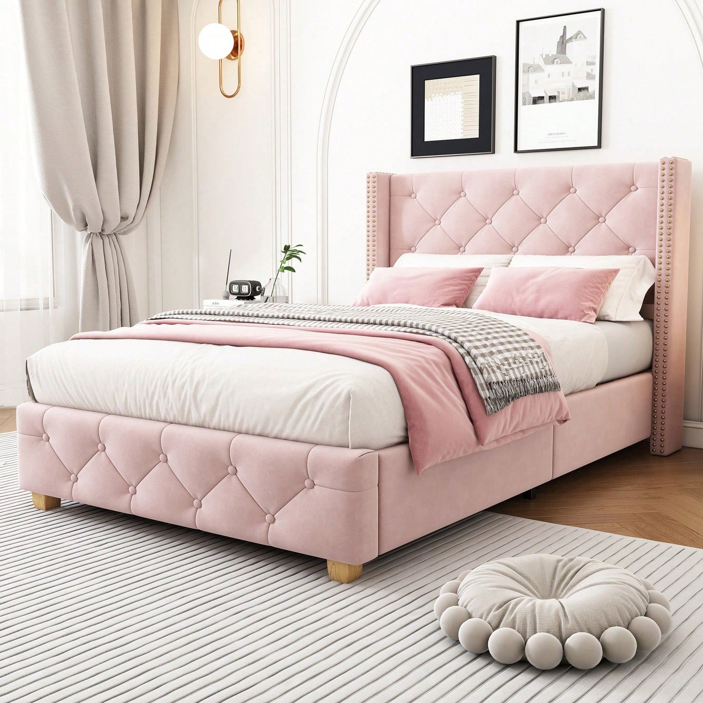 Polsterbett 90*200cm mit Lattenrost und Kopfteil, Knopfpolsterung, Nietenpolsterung, Holzbeine, Samt,Rosa (Matratze nicht enthaltet)
