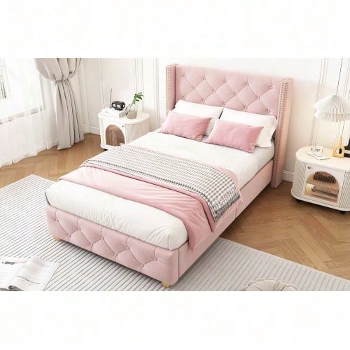 Polsterbett 90*200cm mit Lattenrost und Kopfteil, Knopfpolsterung, Nietenpolsterung, Holzbeine, Samt,Rosa (Matratze nicht enthaltet)