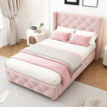 Polsterbett 90*200cm mit Lattenrost und Kopfteil, Knopfpolsterung, Nietenpolsterung, Holzbeine, Samt,Rosa (Matratze nicht enthaltet)