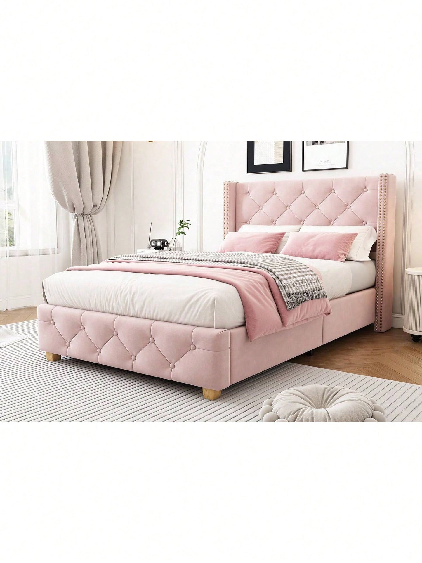 Polsterbett 90*200cm mit Lattenrost und Kopfteil, Knopfpolsterung, Nietenpolsterung, Holzbeine, Samt,Rosa (Matratze nicht enthaltet)