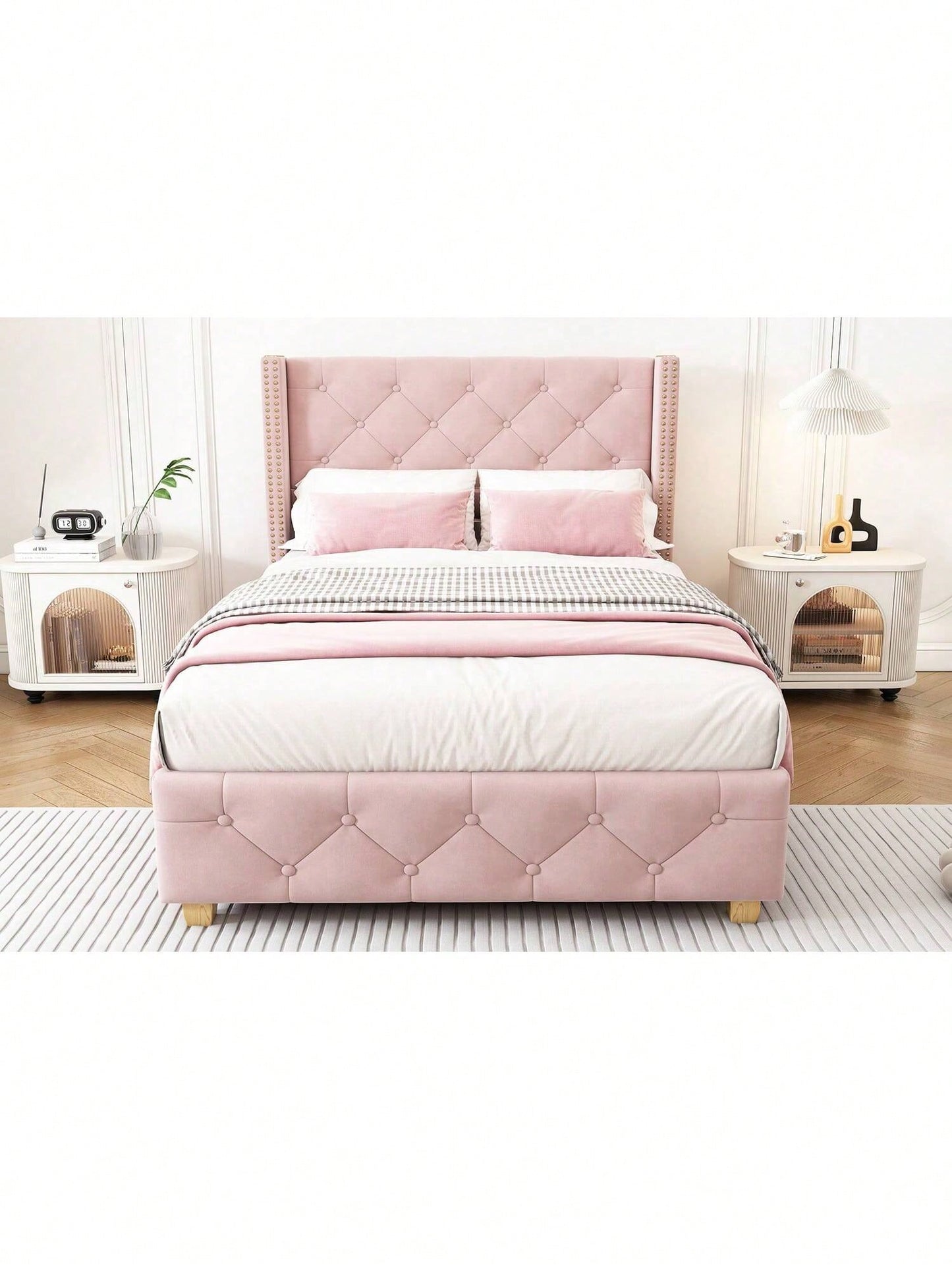 Polsterbett 90*200cm mit Lattenrost und Kopfteil, Knopfpolsterung, Nietenpolsterung, Holzbeine, Samt,Rosa (Matratze nicht enthaltet)