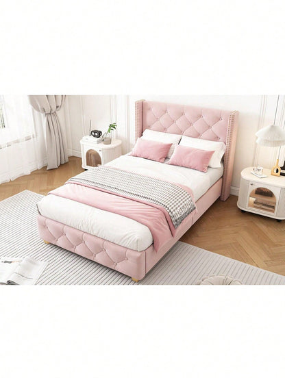 Polsterbett 90*200cm mit Lattenrost und Kopfteil, Knopfpolsterung, Nietenpolsterung, Holzbeine, Samt,Rosa (Matratze nicht enthaltet)
