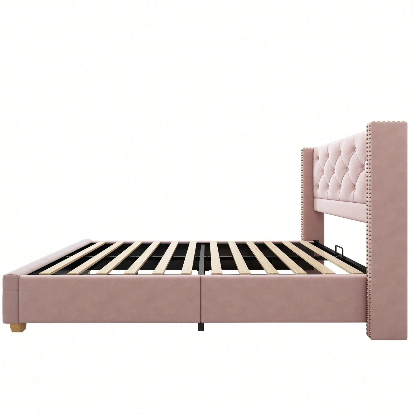Polsterbett 90*200cm mit Lattenrost und Kopfteil, Knopfpolsterung, Nietenpolsterung, Holzbeine, Samt,Rosa (Matratze nicht enthaltet)