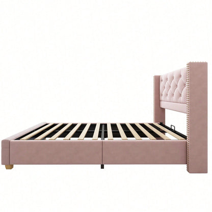 Polsterbett 90*200cm mit Lattenrost und Kopfteil, Knopfpolsterung, Nietenpolsterung, Holzbeine, Samt,Rosa (Matratze nicht enthaltet)