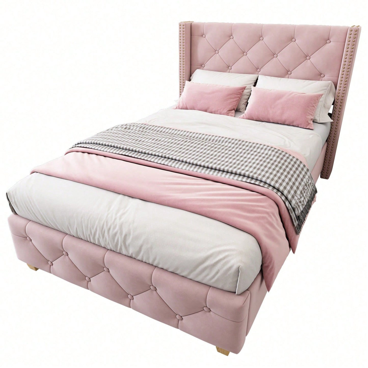 Polsterbett 90*200cm mit Lattenrost und Kopfteil, Knopfpolsterung, Nietenpolsterung, Holzbeine, Samt,Rosa (Matratze nicht enthaltet)
