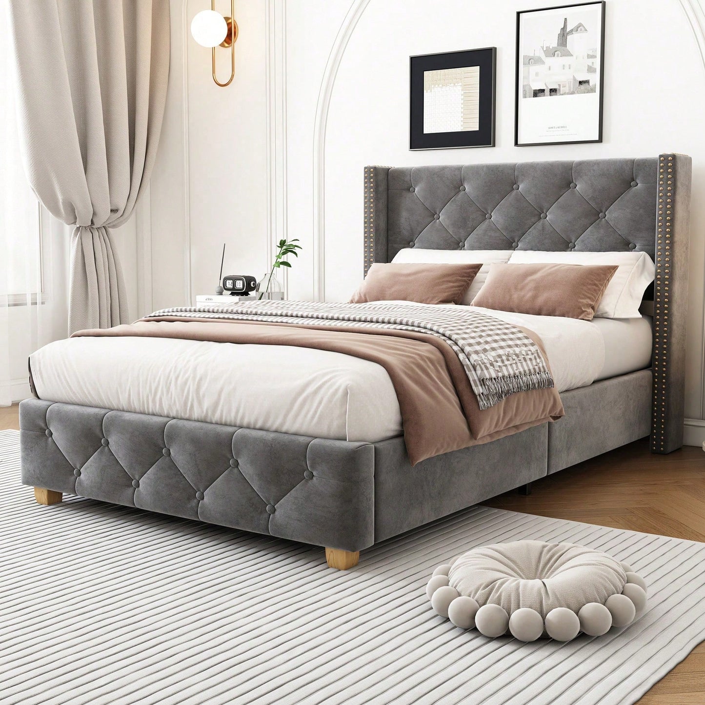 Polsterbett 90*200cm mit Lattenrost und Kopfteil, Knopfpolsterung, Nietenpolsterung, Holzbeine, Samt,Rosa (Matratze nicht enthaltet)