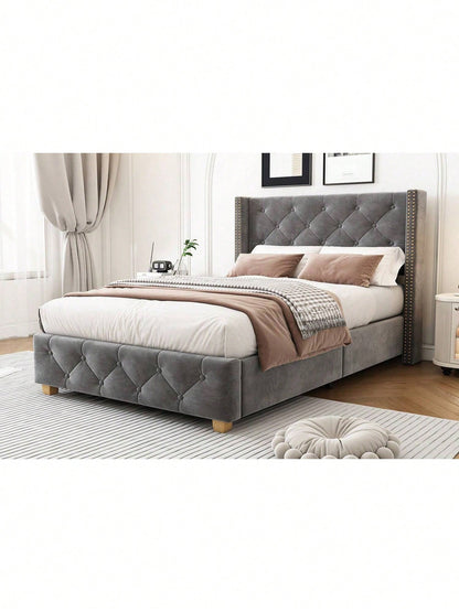 Polsterbett 90*200cm mit Lattenrost und Kopfteil, Knopfpolsterung, Nietenpolsterung, Holzbeine, Samt,Rosa (Matratze nicht enthaltet)