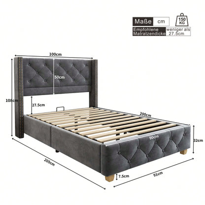 Polsterbett 90*200cm mit Lattenrost und Kopfteil, Knopfpolsterung, Nietenpolsterung, Holzbeine, Samt,Rosa (Matratze nicht enthaltet)