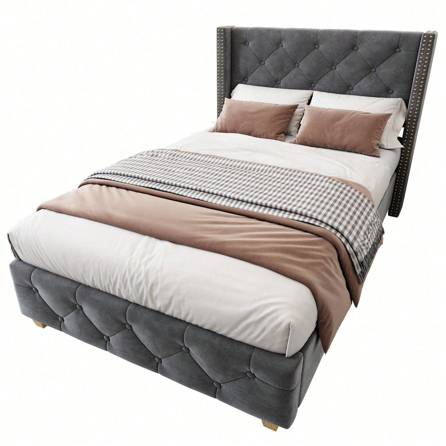 Polsterbett 90*200cm mit Lattenrost und Kopfteil, Knopfpolsterung, Nietenpolsterung, Holzbeine, Samt,Rosa (Matratze nicht enthaltet)