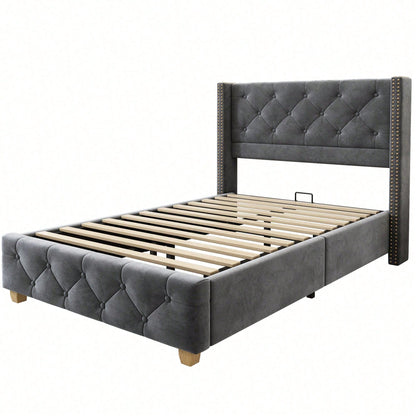Polsterbett 90*200cm mit Lattenrost und Kopfteil, Knopfpolsterung, Nietenpolsterung, Holzbeine, Samt,Rosa (Matratze nicht enthaltet)