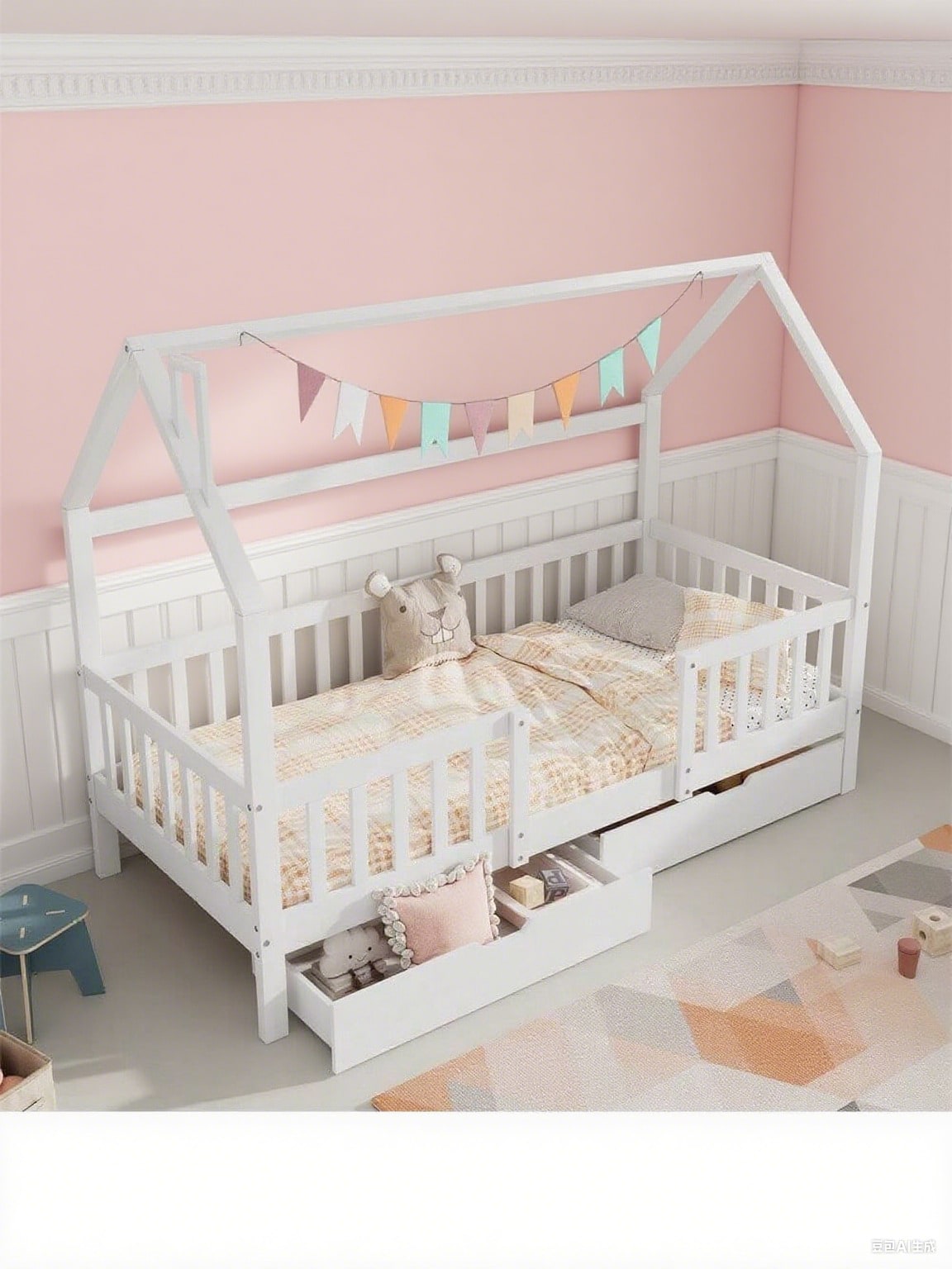 Kinderbett Hausbett mit Schornstein Zwei Aufbewahrungsschubladen Robuste Lattenroste Kiefernholz Haus Bett for Kids, 90 x 200 cm ohne Matratze, weiß
