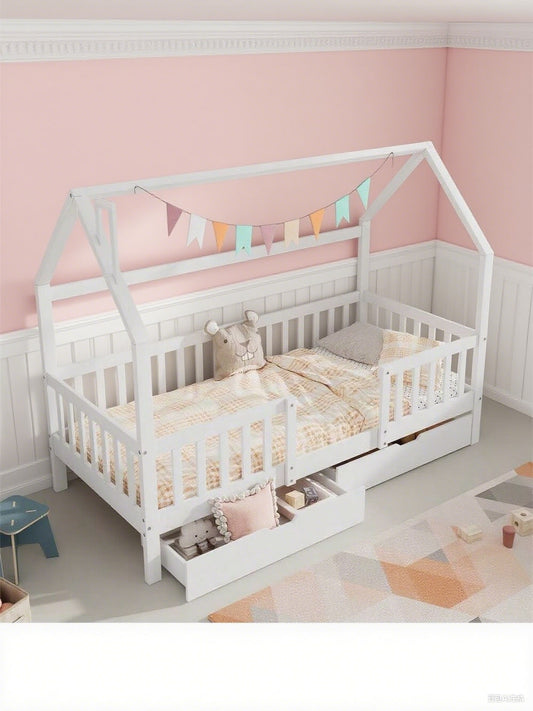 Kinderbett Hausbett mit Schornstein Zwei Aufbewahrungsschubladen Robuste Lattenroste Kiefernholz Haus Bett for Kids, 90 x 200 cm ohne Matratze, weiß
