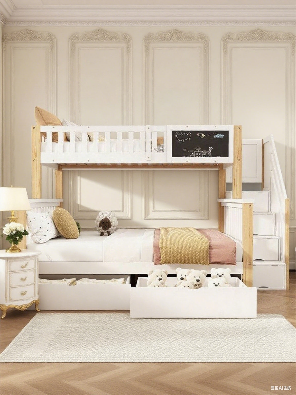 Kinder-Etagenbett, Doppelbett, multifunktionales Kinderbett, mit Tafel und Schubladen, ohne Matratze, weiß, 90*200
