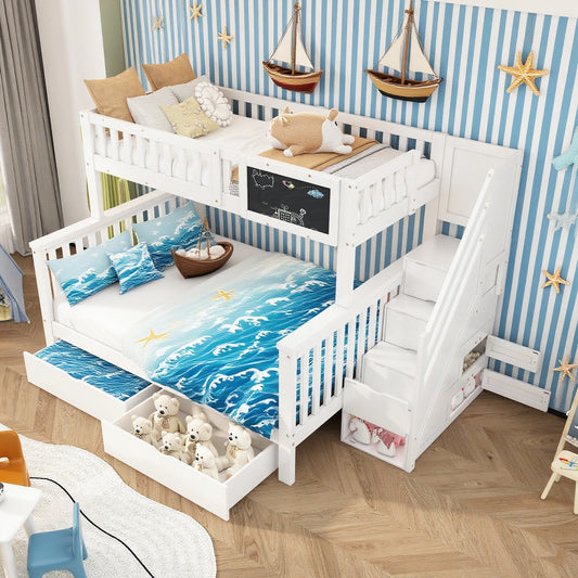 Kinder-Etagenbett, Doppelbett, multifunktionales Kinderbett, mit Tafel und Schubladen, ohne Matratze, weiß, 90*200
