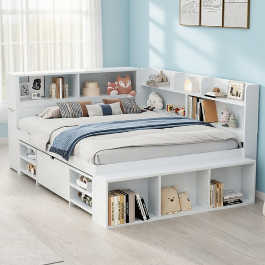 Kinderbett, 140*200 cm, Einzelbett, multifunktionales Kinderbett mit Schubladen, Bücherregal und Stauschrank, großer Stauraum, Lattenrost, ohne Matratze, weiß