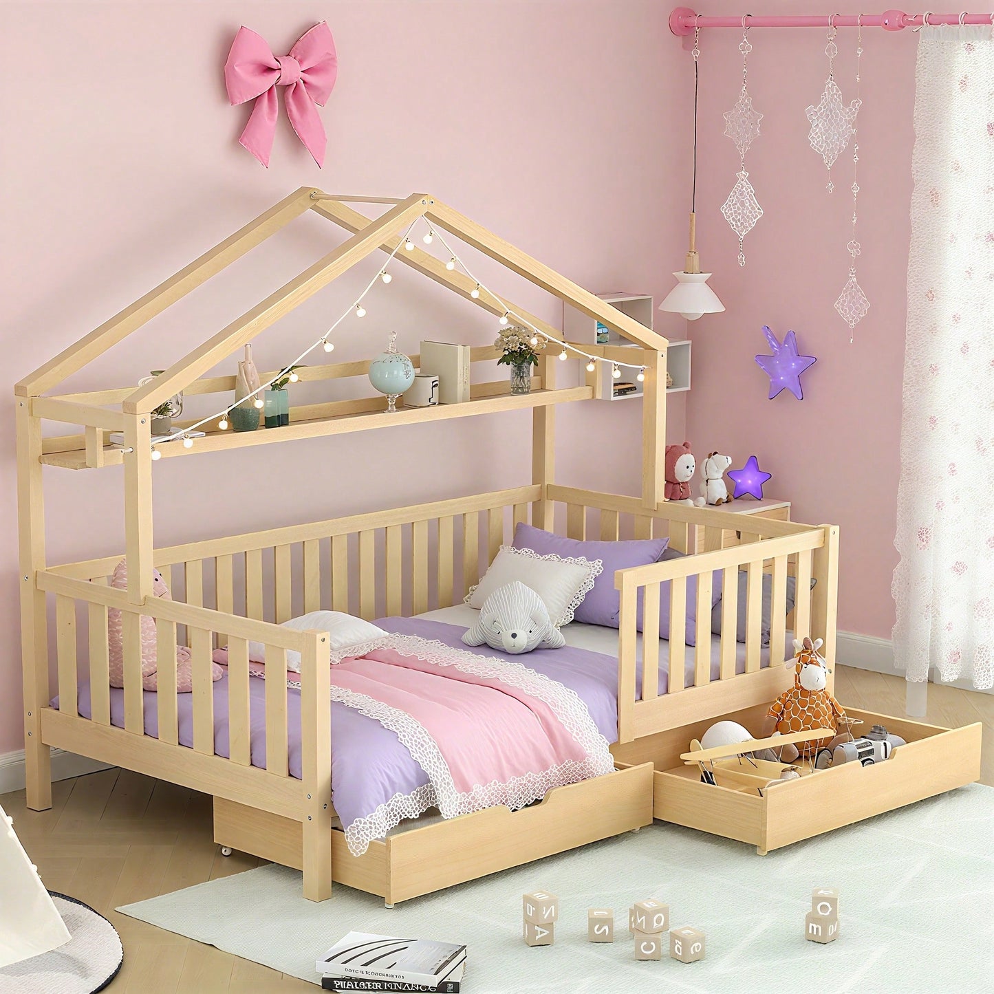 Kinderbett in Holzfarbe,Kinderbett Hausbett mit Schubladen,Massivholz mit Lattenrost, Kiefernholz Hausbett , Kinder und Jugendzimmer,90x200,Natur