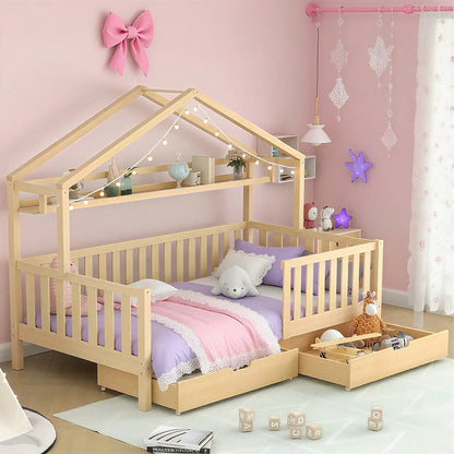 Kinderbett in Holzfarbe,Kinderbett Hausbett mit Schubladen,Massivholz mit Lattenrost, Kiefernholz Hausbett , Kinder und Jugendzimmer,90x200,Natur