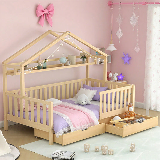 Kinderbett in Holzfarbe,Kinderbett Hausbett mit Schubladen,Massivholz mit Lattenrost, Kiefernholz Hausbett , Kinder und Jugendzimmer,90x200,Natur