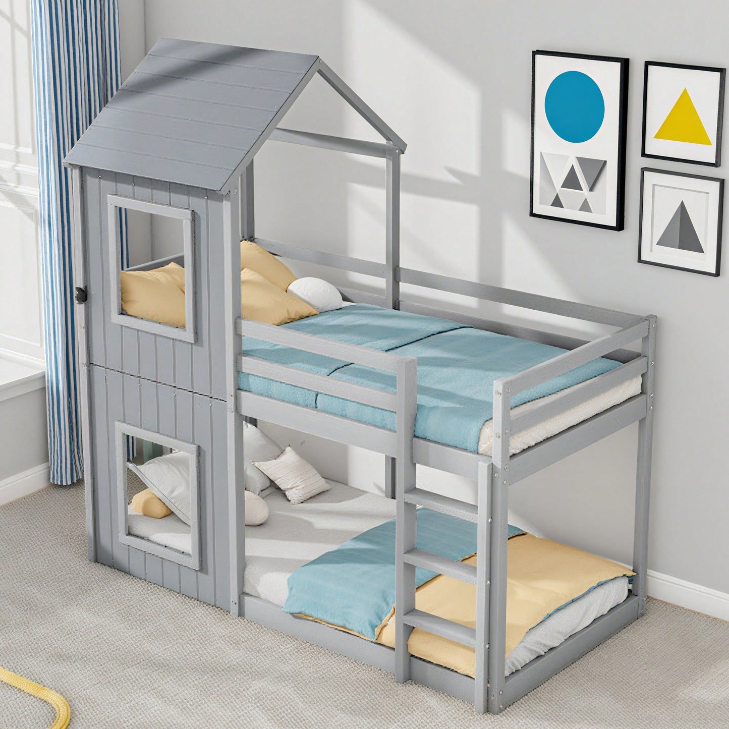 90*200cm Etagenbett, Kinderbett, Hausbett für Mädchen und Jungen, mit Leiter & Baldachin, bodentief, massivholz, grau