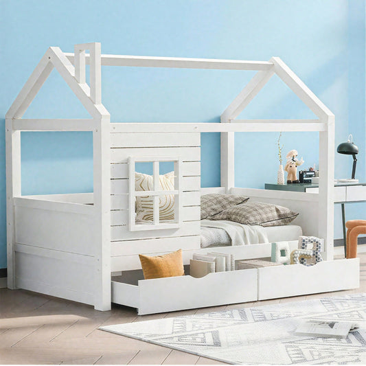 Hausbett Kinderbett Jugendbett 90*200 mit Rausfallschutz vielseitiges Holz Kinderbett für Jungen & Mädchen, Massivholz Kinder Bett mit Rausfallschutz Fenster und Lattenrost, Weiss