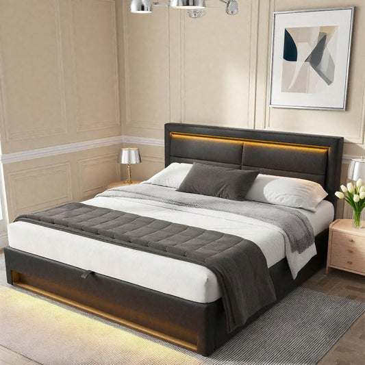 Lit rembourré 140 x 190 cm, avec port USB (supporte le chargement sans fil et filaire), avec éclairage LED et espace de rangement, sans matelas, PU-Lychee design, noir
