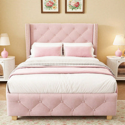 Polsterbett 90*200cm mit Lattenrost und Kopfteil, Knopfpolsterung, Nietenpolsterung, Holzbeine, Samt,Rosa (Matratze nicht enthaltet)