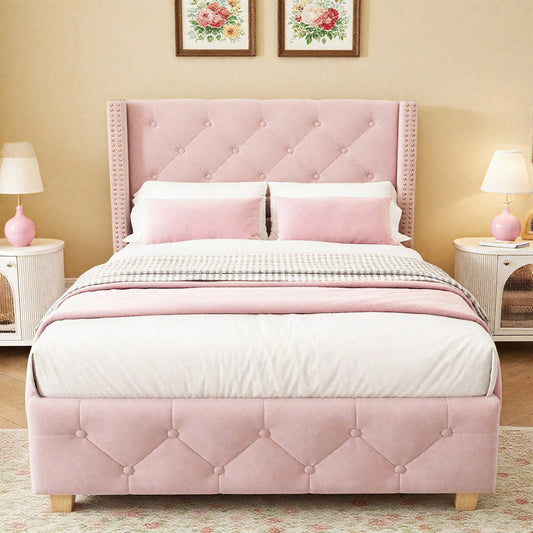 Polsterbett 90*200cm mit Lattenrost und Kopfteil, Knopfpolsterung, Nietenpolsterung, Holzbeine, Samt,Rosa (Matratze nicht enthaltet)